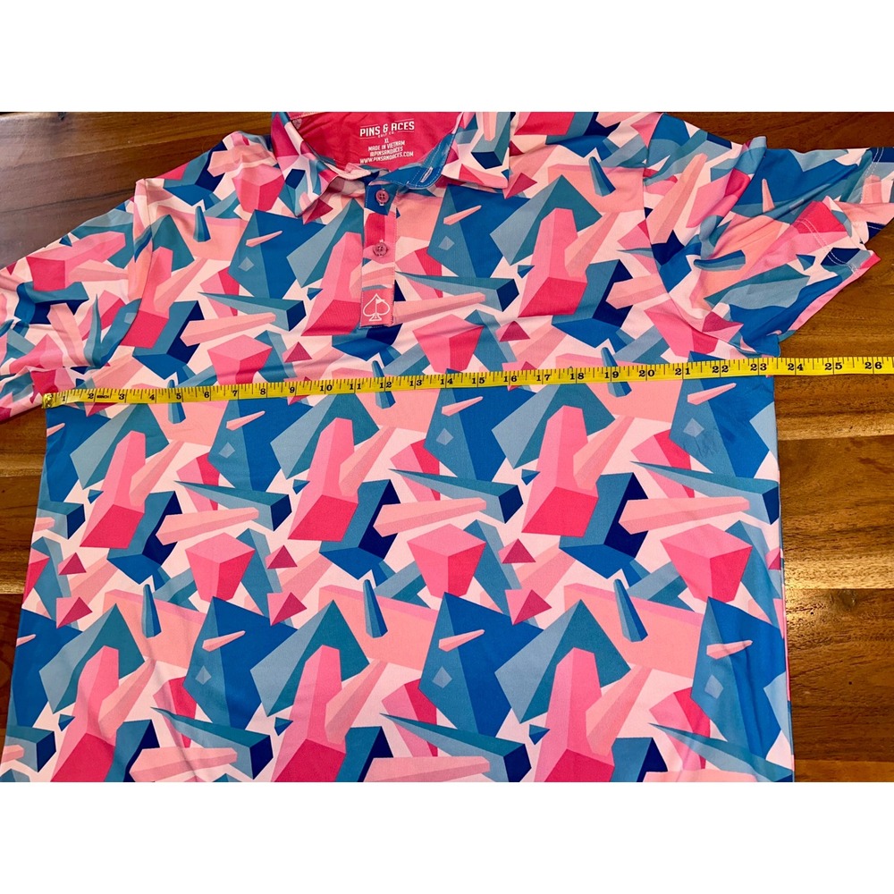 Pins & Aces Men XL Pink Blue Geometric Crystal Print Performance Golf Polo Shirt - Picture 5 of 7